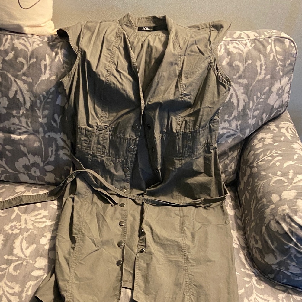 AGB Olive Green Snap Front Tie Waist Casual Dress